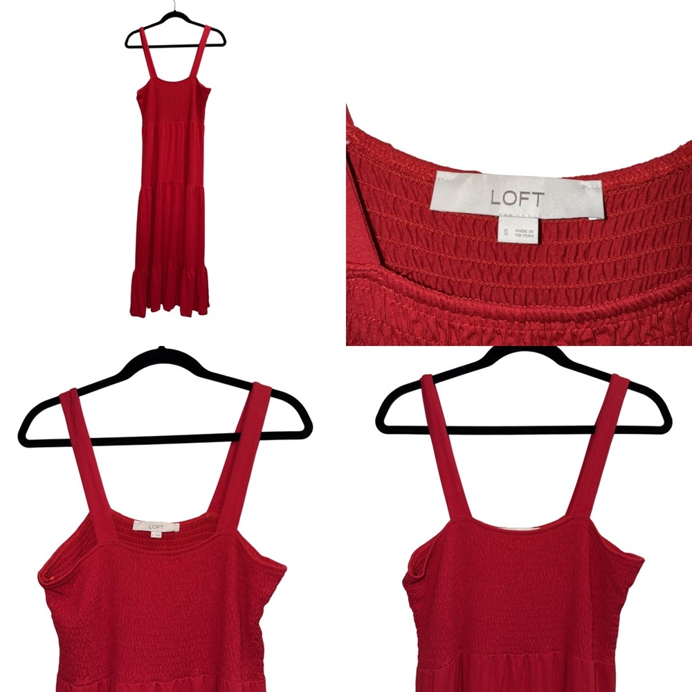 LOFT Red Smocked Tiered Sleeveless Maxi Dress